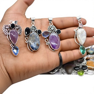 Collares con Colgante de Piedras Preciosas Naturales Vintage, Dijes de Cruz Cristiana Chapados en Plata sobre Latón, Joyería Artesanal de Moda para Mujer, para Fiestas - Product Image 1