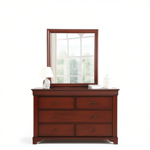 Comò Glory Furniture con Specchio in Ciliegio, 4 Cassetti, Stile Luigi Filippo, Arredamento Camera da Letto - Product Image 1