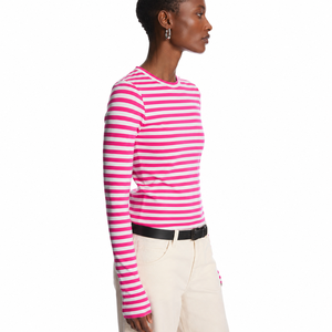 Camisa de manga larga a rayas rosa y blanca para mujer – Camisa informal de manga larga con cuello redondo y corte ajustado – Moda casual premium - Product Image 3