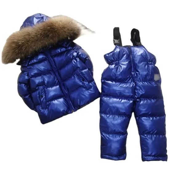 Retail fashion kids clothing boys winter big fur collar jackets trousers 2 pcs girls winter keep warm cotton coat pants sets