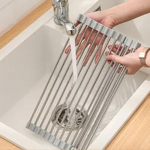 Pliable filtre à eau 304 pliant en acier inoxydable étagère de cuisine évier vaisselle bol support silicone égouttoir