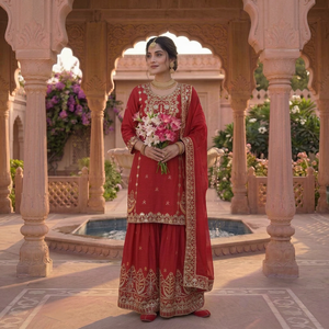 <b>Red</b> Embroidered Salwar Kameez Vintage Indian Pakistani Wedding Party Outfit Women Knee-Length - Product Image 1