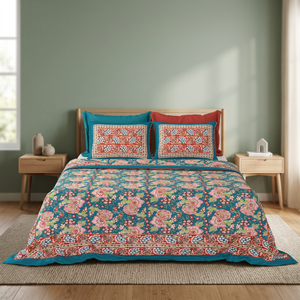 Draps plats en coton imprimés multicolores faits à la main avec housses d'oreiller, style bohème doux, pour l'exportation en gros - Product Image 1
