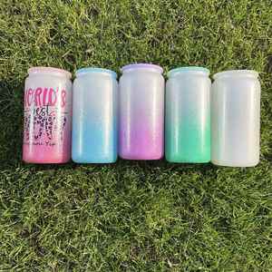 Vasos de Vidrio Sublimados en Color Plateado, Rosa, Morado, Azul y Verde de 16 Onzas con Tapa de Plástico y Pajita, Vasos con Forma de Lata de Cerveza con Brillo - Product Image 2