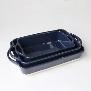 Grosir Logo Kustom Peralatan Dapur Persegi Panjang Biru Bakeware Keramik Loyang Kue dengan Pegangan Ganda
