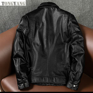 جاكيت TONGYANG رجالي من الجلد الطبيعي، جاكيت قصير كاجوال وبسيط للربيع والخريف من جلد البقر الأصلي للرجال، متوفر باللونين البني والأسود - Product Image 2