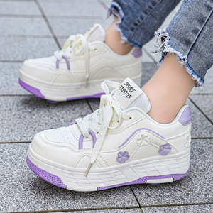 รองเท้าผ้าใบลายดอกไม้สำหรับผู้หญิง สีขาวชมพู แบบผูกเชือก หัวกลม พื้นรองเท้า EVA แบบมีเบาะ พื้นรองเท้าด้านนอกทำจากยาง เหมาะสำหรับทุกฤดูกาล วัสดุสังเคราะห์ - Product Image 2