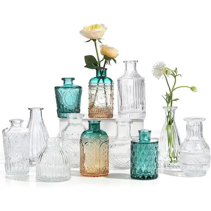 センターピース/ガラスシングルバッド花瓶/クリエイティブヴィンテージ彫刻ミニテーブルフローラル花瓶用のカラフルなガラス花瓶