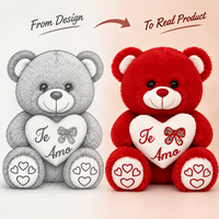 Ours en peluche rouge personnalisé OEM/ODM pour la Saint-Valentin, avec applique de fleur en forme de cœur blanc et coussinets de pieds brodés en forme de cœur, directement de l'usine