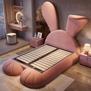 Modern çocuk yatak yumuşak Foreskin ahşap Montessori yatak döşemeli yatak büyük tavşan kulakları ile tasarım kızın karikatür