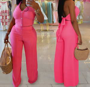 Viviblook Z324ST Women Casual <b>Set</b> Halter Sleeveless Lace up Crop Top Long Pants Two Piece Plus Size <b>Set</b> for Ladies - Product Image 2