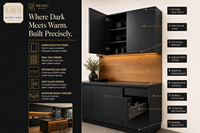 Lemari Dapur Modern Dua Warna Matte Charcoal Oak Veneer Tanpa Gagang Full-Custom OEM LED Strip Langsung dari Pabrik