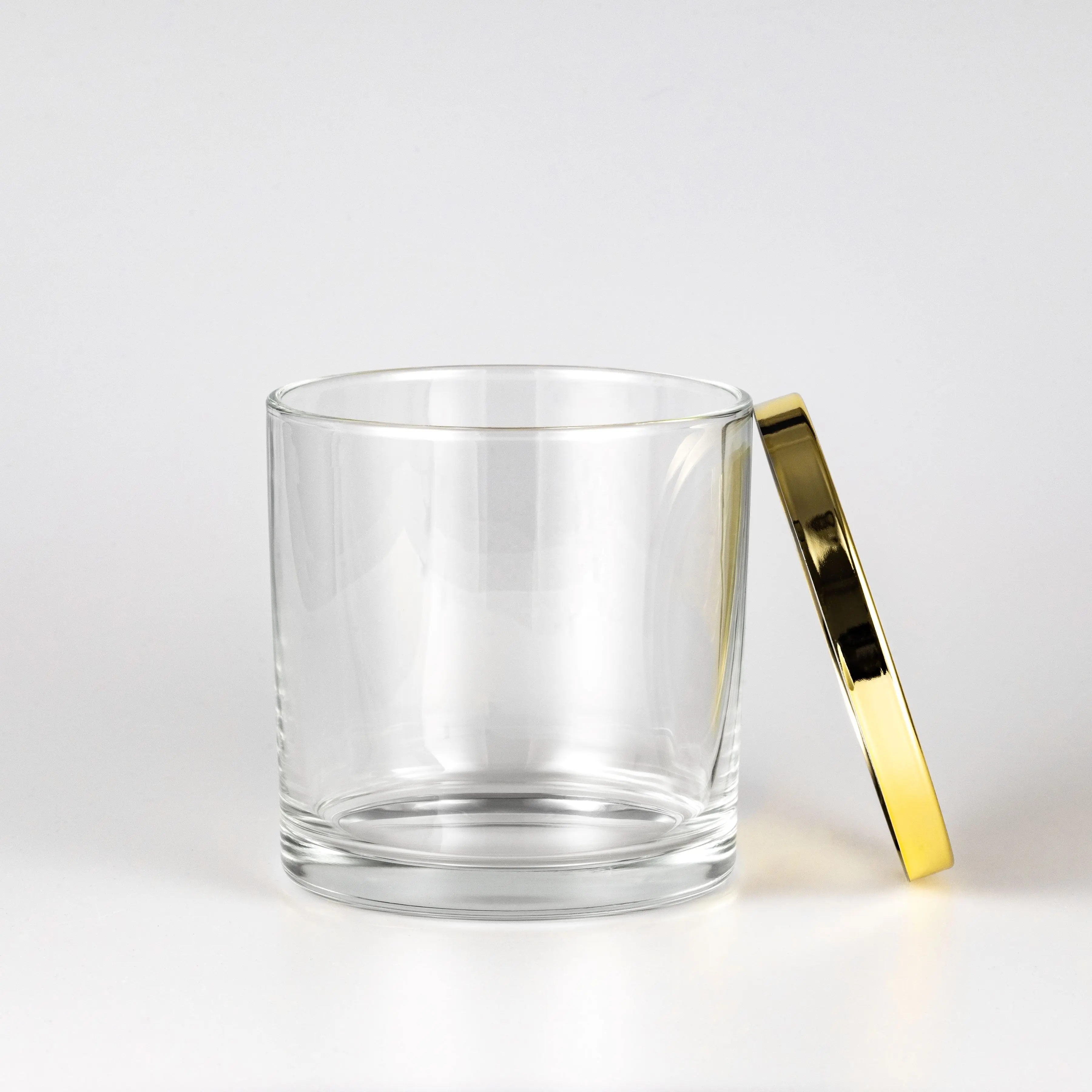 Tarro de vela cilíndrico grande de tres mechas de 18oz con tapa dorada brillante Tarro de vidrio transparente para hacer velas para decoración del hogar Tapa de hierro