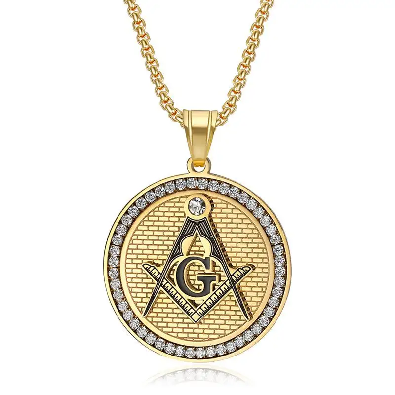 Punk Jewelry Iced Out 18k Gold Man Masonic Accessories Pendant Chain Necklace