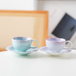Ensemble de tasses à café en céramique avec glaçure craquelée dégradée, design de bordure en pétales, couleur macaron fraîche, tasse à thé de l'après-midi - Product Image 4