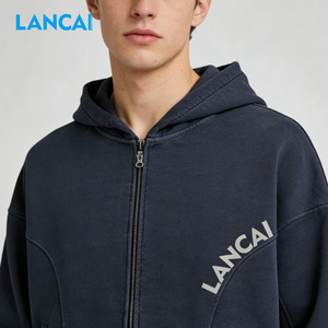 Sudadera con capucha Lancai para hombre, de alta calidad, OEM/ODM, gris liso, con estampado de letras personalizado, con cremallera, lavado ácido, estilo urbano, extragrande - Product Image 3