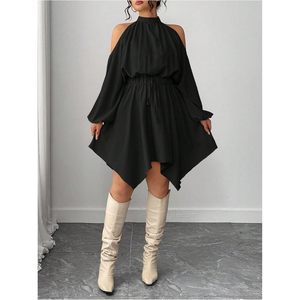 Women's Plus Size Cold Shoulder <b>Dress</b> Mock Neck Long Sleeve A Line Flowy Vacation Short <b>Dress</b> <b>Elastic</b> Waist Asymmetrical Hem - Product Image 3