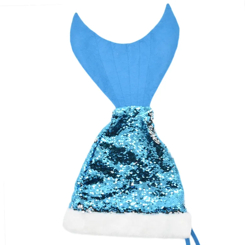 2019 unique stylish design custom color fanny blue sequin fancy mermaid tail Christmas santa hat decoration for kids