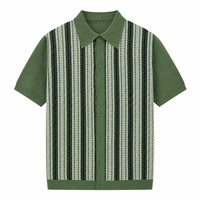 Kemeja Rajut Pria 100% Viscose Sutra Es Motif Herringbone Garis-garis Lengan Pendek Kancing Depan Retro Kasual Grosir OEM Label Pribadi