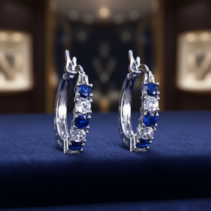 Orecchini a Cerchio E109 in Argento 925 Placcato Rodio con Lapislazzuli, Montatura a Griffe, Classici da Donna per Uso Quotidiano - Product Image 2