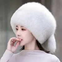 Chapeau en fourrure de raton laveur russe MWfur, fourrure de renard blanc argenté, pour femmes, chapeau en fourrure de renard pelucheux d'hiver avec queue