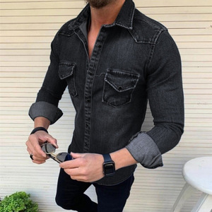 Primavera autunno <span class=keywords><strong>Jeans</strong></span> da <span class=keywords><strong>uomo</strong></span> a maniche lunghe camicie in Denim da <span class=keywords><strong>uomo</strong></span> in morbido cotone due tasche <span class=keywords><strong>camicia</strong></span> in Denim <span class=keywords><strong>Slim</strong></span> Fit - Product Image 3