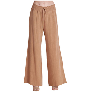 Sports de plein air personnalisés smockés cordon de serrage <span class=keywords><strong>pantalon</strong></span> ample <span class=keywords><strong>grande</strong></span> <span class=keywords><strong>taille</strong></span> femmes décontracté vacances <span class=keywords><strong>blanc</strong></span> <span class=keywords><strong>pantalon</strong></span> en <span class=keywords><strong>lin</strong></span> - Product Image 4