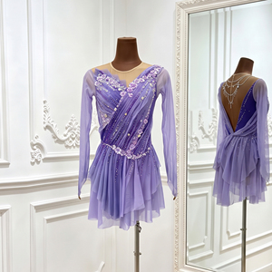 Robe de patinage artistique pour filles, personnalisée, violette, à manches longues, avec fleurs en strass, costume de compétition de patinage sur glace, danse de scène - Product Image 3