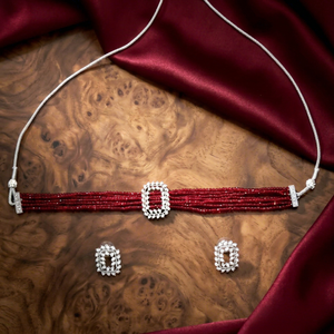 Silver Plated Hydro Bead Choker Necklace Set Maroon Ruby Red Multi Layer <b>Crystal</b> Beads Collar Necklace with CZ <b>Stud</b> <b>Earrings</b> - Product Image 1