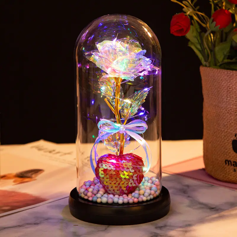 beauty and the beast rose gift enchanted colorful Led galaxy rose flower last forever in glass dome unique gifts for her