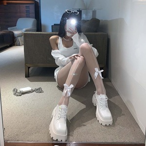 Black Fishnet Thigh High Stockings With Bow Women's Transparent Gothic Style Y2K Socks For Subculture Fashion - Product Image 4