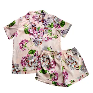 Low MOQ in Stock Women Short Sleeves Top and Shorts Pyjamas Silk Satin Floral Pajamas Set