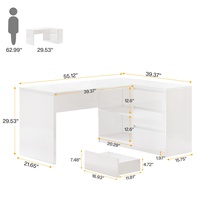 Bureau d'ordinateur blanc en forme de L avec 3 tiroirs, bureau de direction moderne d'angle pour la maison de 55 pouces avec 2 étagères de rangement