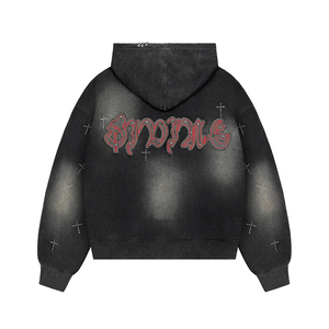 Sweat à capuche zippé personnalisé en coton épais 100% délavé à l'acide pour homme, avec croix en strass, style gothique Y2K vintage streetwear - Product Image 3