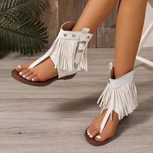 Sandalias Planas con Borlas y Punta Abierta para Mujer, Tallas Grandes, Estilo Romano Occidental, Suela Suave, Ligeras, Combinables con Todo, para Uso Diario - Product Image 3