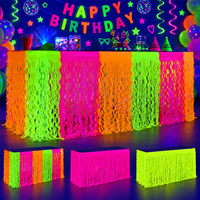Jupe de table néon fluorescente, rideau à franges ondulées en guirlande, décoration de fête qui brille dans le noir pour anniversaires et événements UV sous lumière noire