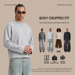 Felpa da uomo a collo alto, taglio cropped squadrato, a maniche lunghe, con orlo grezzo, in cotone pesante felpato, stile streetwear retrò, casual autunnale - Product Image 4