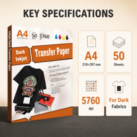 Papier transfert thermique A4 foncé pour t-shirts, personnalisable avec logo OEM, pour imprimante jet d'encre, autocollant thermocollant pour tissu, artisanat DIY, vente en gros