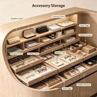 Meuble de présentation de lunettes de vue pour la vente au détail, étagère murale en bois avec LED à intensité variable, comptoir de réception incurvé, armoire de rangement autoportante