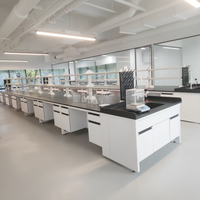 Meubles de laboratoire clés en main pour écoles : Banc de travail central en C, hotte à fumées en bois et acier, compatible avec une disposition personnalisée
