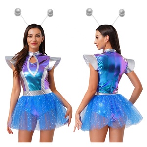 Women Alien Costume Space Girl Tutu Dress Metallic Leotard Antenna Headband <b>Rave</b> <b>Festival</b> Halloween Cosplay <b>Outfit</b> - Product Image 2