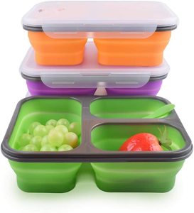 3 Compartment Children Bento Reusable Food Storage Containers Folding Kids Collapsible Silicone Lunch Boxes With Fork