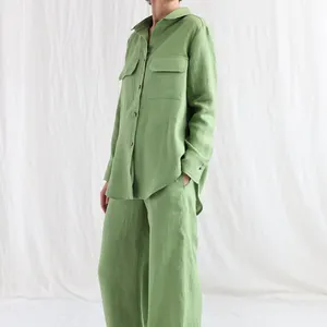 Custom Autumn <strong>Women</strong> Casual 2 Piece Set High Quality Solid <strong>Oversized</strong> <strong>Shirt</strong> and Pants <strong>Linen</strong>/Cotton for Wear - Product Image 1