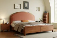 Lit en bois massif de style vintage français avec tête de lit incurvée, mobilier de chambre classique moderne, taille double, lit personnalisable