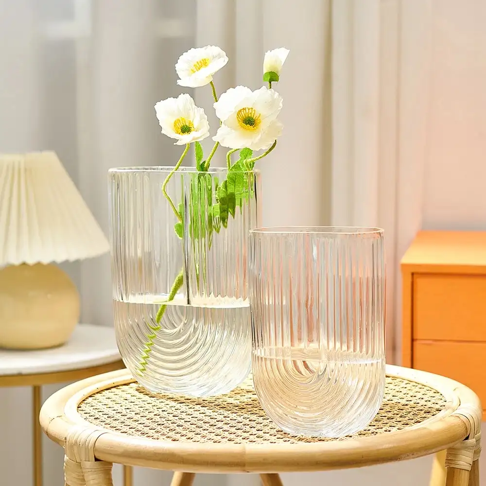 Supply home decoration modern cheap colored grey flower vase U shaped clear glass vase