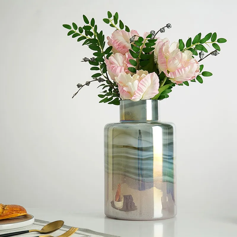 Jarrón de cristal de lujo para decoración del hogar moderno de alta calidad, jarrón de cristal cilíndrico iridiscente galvanizado con cuello fino