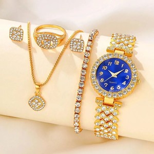 Reloj de cuarzo de lujo para mujer y reloj de diamantes combinado de joyería con anillo, pulsera y Collar para un aspecto pulido