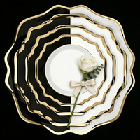 Sous-assiettes vintage noires et blanches (33 cm), assiettes de présentation en porcelaine fine à bordure dorée pour mariage