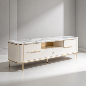 Meuble TV moderne aspect marbre, console multimédia en bois grainé crème avec pieds en métal doré pour salon - Product Image 3