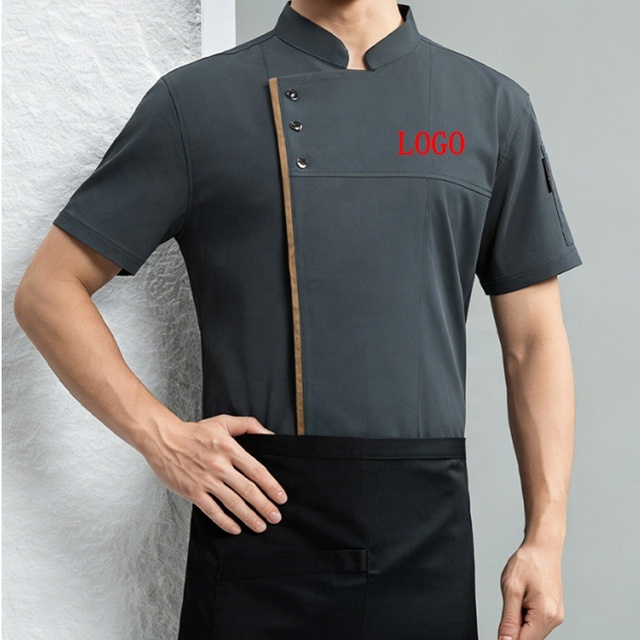 Unisex Custom logo Gray White Black Chef Coat Short Sleeve Chef Jacket Breathable Chef Uniform for Kitchen Restaurant Bakery